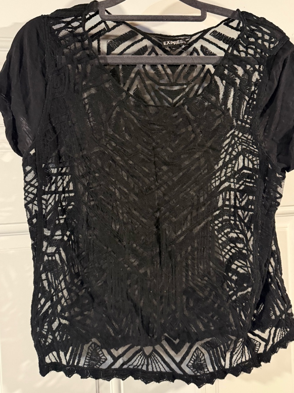 Express Black Geometric Lace Short Sleeve Top